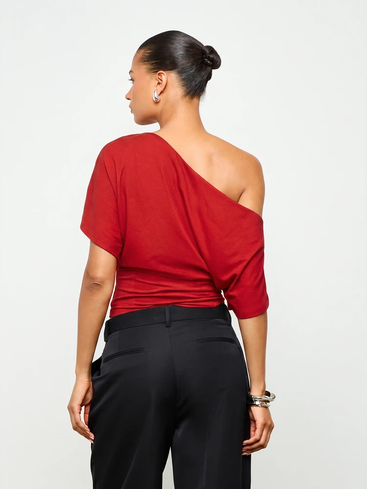 Off Shoulder Asymmetric Fitted Waist Crop Top