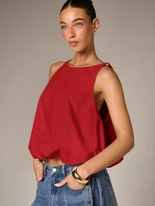 AiiRZ Poplin Balloon Hem Tank Top Sleeveless Square Neck Flowy Summer Blouse - Red - View 4