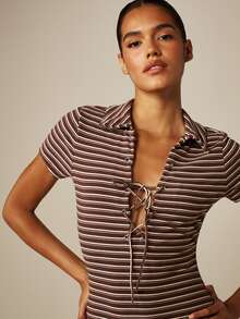 MISSGUIDED Brown Stripe Lace-Up Collared Cap Sleeve Bodycon Mini Dress Polo Style Fitted Stretch Summer Party Night Out Club Casual Sexy - Brown - View 2