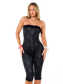 BABYPHAT Combinaison tube sans bretelles avec encolure bordée de dentelle, imprimé abstrait tout-sur-tout, longueur capri, coupe près du corps, pour soirée - Noir - Voir 1