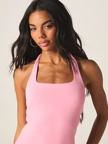 MISSGUIDED Slinky Halter Neck Maxi Dress With Square Neckline Open Back Tie Detail And Thigh High Split - Pink - View 2