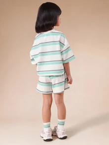 SUMWON Striped Oversized T-Shirt And Shorts Co-Ord Set For Toddlers, Summer Casual Matching Outfit With Mint And Grey Horizontal Stripes - Green - View 2