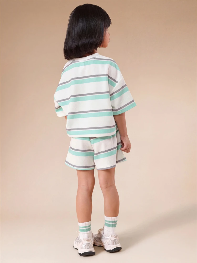 Conjunto de Camiseta Oversized e Shorts Listrados para Crianças Pequenas, Conjunto Casual de Verão Combinando com Listras Horizontais Menta e Cinza