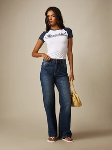 MISSGUIDED Camiseta ajustada de manga raglán con contraste y estampado de logotipo gráfico, cuello redondo, manga corta, top corto - Azul y blanco - Ver 4