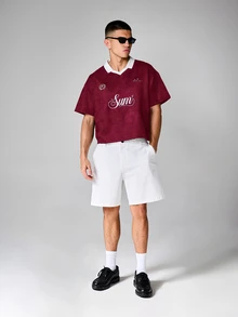 SUMWON Casual Box Fit Suede Polo Shirt With Embroidered Logo Script Print And Contrast Collar - Red - View 3