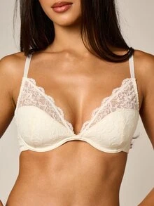 AiiRZ Double Layer Lace Plunge Bra With Floral Lace Cups And Scalloped Trim Padded Underwire Everyday Lingerie - Apricot - View 5