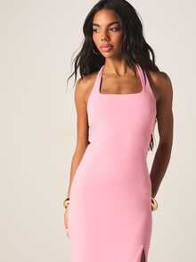 MISSGUIDED Slinky Halter Neck Maxi Dress With Square Neckline Open Back Tie Detail And Thigh High Split - Pink - View 5