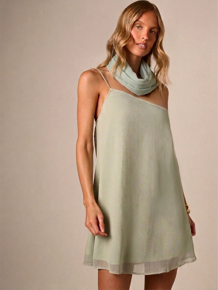 One Shoulder Scarf Neck Backless Mini Dress