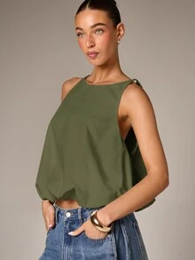 AiiRZ Sleeveless Poplin Tank Top With Balloon Hem And Round Neck For Summer Casual Wear - Army Green - View 4