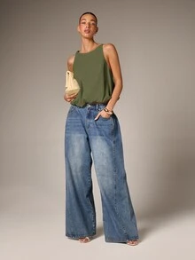 AiiRZ Sleeveless Poplin Tank Top With Balloon Hem And Round Neck For Summer Casual Wear - Army Green - View 3
