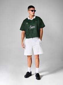 SUMWON Casual Box Fit Suede Polo Shirt With Embroidered Logo Script Detail V-Neck Collared Short Sleeve Top - Green - View 3