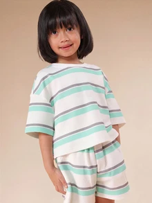 SUMWON Striped Oversized T-Shirt And Shorts Co-Ord Set For Toddlers, Summer Casual Matching Outfit With Mint And Grey Horizontal Stripes - Green - View 3