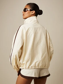 MISSGUIDED Nylon Windbreaker Jacket With Contrast Piping Detail Stand Collar Zip Front Oversized Fit Spring Fall - White - View 3