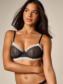 AiiRZ Soutien-gorge à armatures en tulle à pois avec détails de dentelle, style balconnet, sous-vêtements de tous les jours - Noir et Blanc - Voir 4
