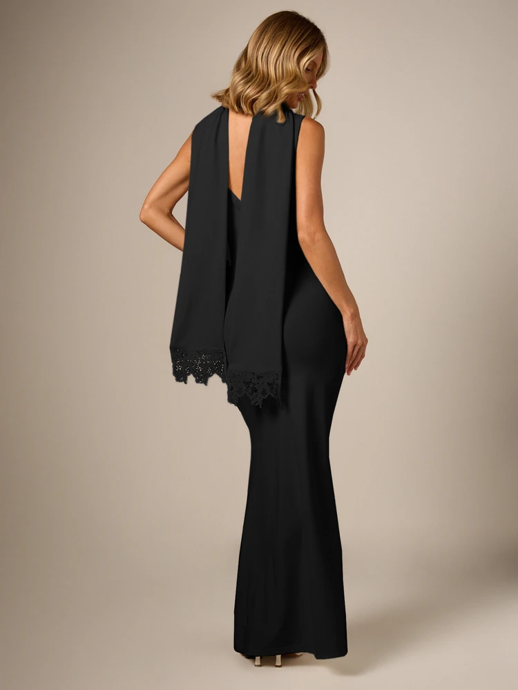 Slinky Cowl Neck Maxi Dress With Lace Trim And Scarf