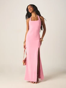 MISSGUIDED Slinky Halter Neck Maxi Dress With Square Neckline Open Back Tie Detail And Thigh High Split - Pink - View 4