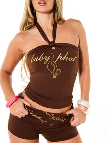 BABYPHAT Logo Print Halter Neck Bandeau Crop Top And Mini Hot Pants Two-Piece Co-Ord Set - Brown - View 4