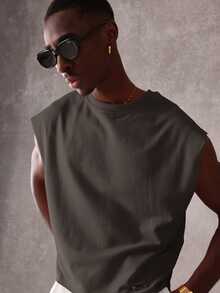 SUMWON Boxy Fit Raw Edge Crop Sleeveless Tank Top With Back Graphic Slogan Print Summer Streetwear - Dark Grey - View 3