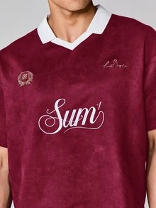 SUMWON Casual Box Fit Suede Polo Shirt With Embroidered Logo Script Print And Contrast Collar - Red - View 4