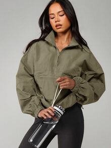 MISSGUIDED 超大款半拉链漏斗领防风夹克，配有弹性袖口和前拉链口袋 - 軍綠色 - 查看 5
