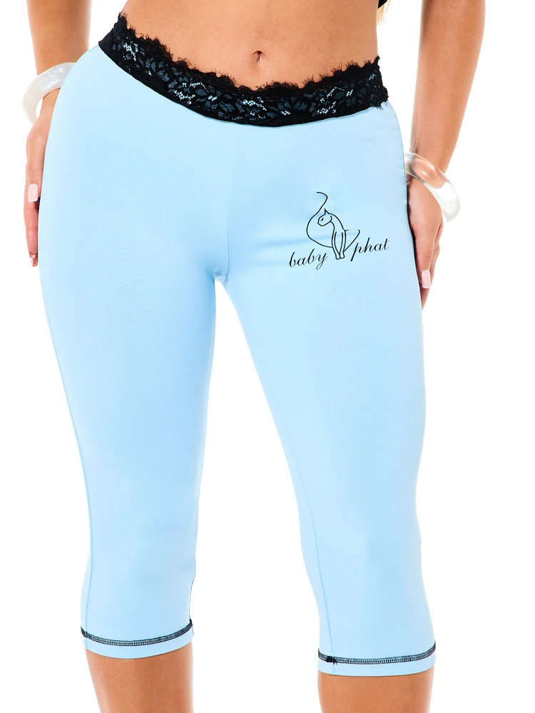 BABYPHAT Lace Trim Capri Leggings With Script Logo Print And Rhinestone Hem Detail