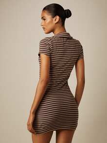 MISSGUIDED Brown Stripe Lace-Up Collared Cap Sleeve Bodycon Mini Dress Polo Style Fitted Stretch Summer Party Night Out Club Casual Sexy - Brown - View 3