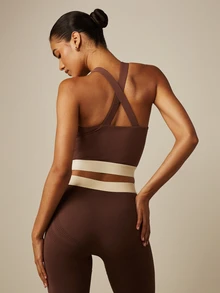 MISSGUIDED Active Racer Back Vest Top With Branded Elastic Waistband Cropped Halter Neck Sleeveless Fitted Sports Tank - Brown - View 3