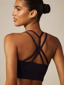 MISSGUIDED Active Racer Crop Top With Cross Back Strap Detail Sleeveless High Neck Sports Bralette Style - Navy Blue - View 4