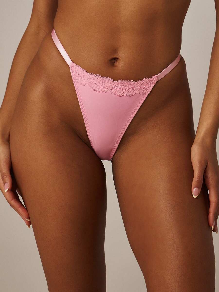 MISSGUIDED Lace Trim Thong Underwear With Floral Lace Detail And Thin Side Straps For Everyday Intimate Wear - Pink - View 1