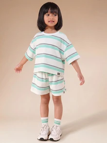 SUMWON Striped Oversized T-Shirt And Shorts Co-Ord Set For Toddlers, Summer Casual Matching Outfit With Mint And Grey Horizontal Stripes - Green - View 1