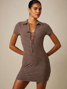 MISSGUIDED Brown Stripe Lace-Up Collared Cap Sleeve Bodycon Mini Dress Polo Style Fitted Stretch Summer Party Night Out Club Casual Sexy - Brown - View 5