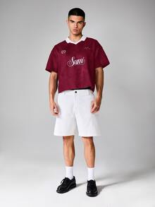 SUMWON Casual Box Fit Suede Polo Shirt With Embroidered Logo Script Print And Contrast Collar - Red - View 5