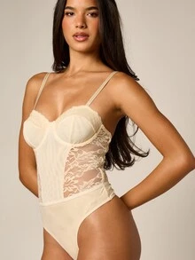 AiiRZ Lace And Mesh Panelled Bodysuit With Underwire Balconette Cups And Thong Bottom Bridal Lingerie - Yellow - View 4