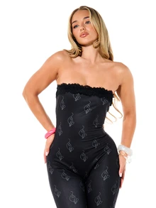 BABYPHAT Combinaison tube sans bretelles avec encolure bordée de dentelle, imprimé abstrait tout-sur-tout, longueur capri, coupe près du corps, pour soirée - Noir - Voir 3