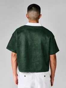 SUMWON Casual Box Fit Suede Polo Shirt With Embroidered Logo Script Detail V-Neck Collared Short Sleeve Top - Green - View 2