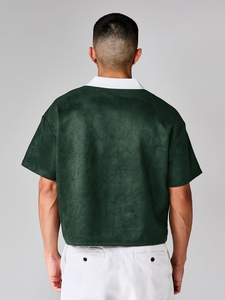 Casual Box Fit Suede Polo Shirt With Embroidered Logo Script Detail V-Neck Collared Short Sleeve Top