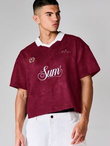 SUMWON Casual Box Fit Suede Polo Shirt With Embroidered Logo Script Print And Contrast Collar - Red - View 6