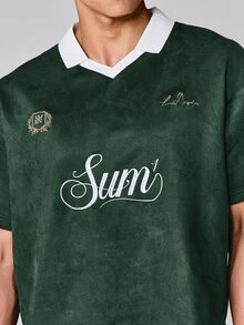 SUMWON Casual Box Fit Suede Polo Shirt With Embroidered Logo Script Detail V-Neck Collared Short Sleeve Top - Green - View 4
