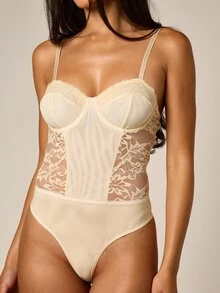 AiiRZ Lace And Mesh Panelled Bodysuit With Underwire Balconette Cups And Thong Bottom Bridal Lingerie - Yellow - View 5