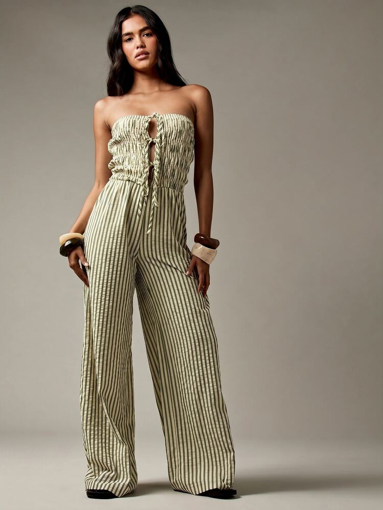 MISSGUIDED Bandeau Strapless Shirred Bodice Tie Front Wide Leg Jumpsuit Striped Summer Beach Vacation One Piece