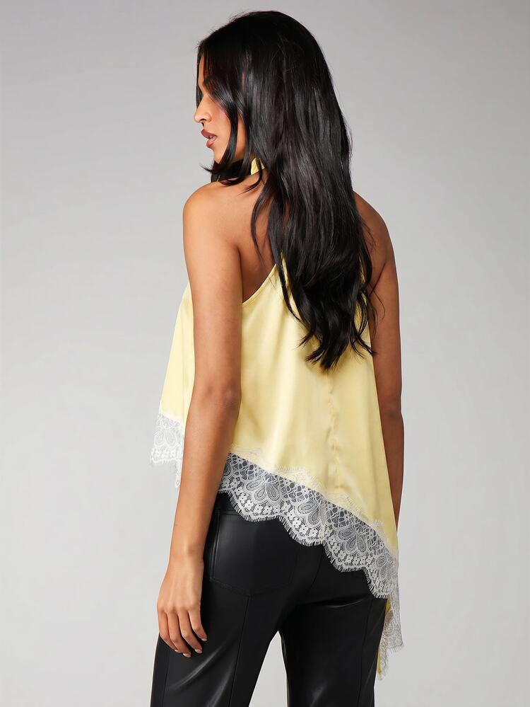 MISSGUIDED Satin Halterneck Top With White Lace Trim Asymmetric Hem Backless Party Cami