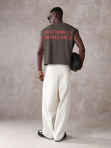 SUMWON Boxy Fit Raw Edge Crop Sleeveless Tank Top With Back Graphic Slogan Print Summer Streetwear - Dark Grey - View 4