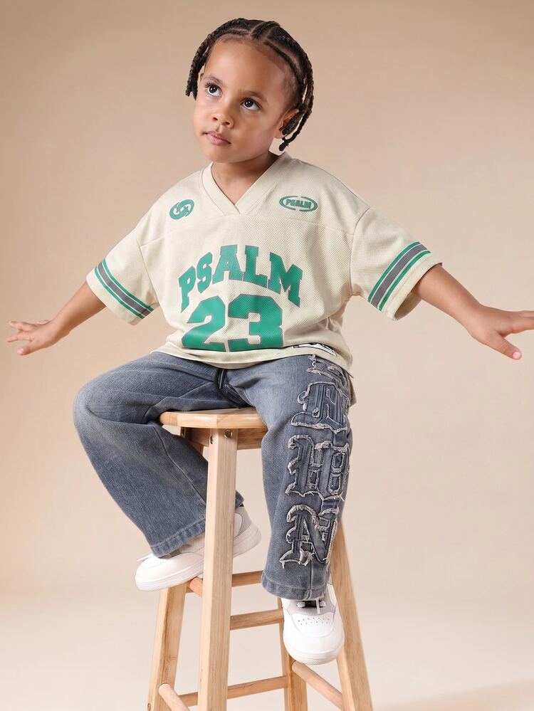 Oversized Boys Psalm 23 Jersey-Style V-Neck Short Sleeve Graphic Tee With Number Print And Striped Sleeve Trim