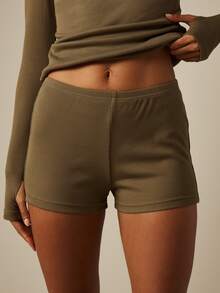 MISSGUIDED Ribbed Knit Long Sleeve Boat Neck Top And Mini Shorts Co-Ord Two-Piece Matching Set Lounge Everyday Olive Green Autumn Casual - Army Green - View 2