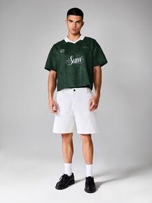 SUMWON Casual Box Fit Suede Polo Shirt With Embroidered Logo Script Detail V-Neck Collared Short Sleeve Top - Green - View 5