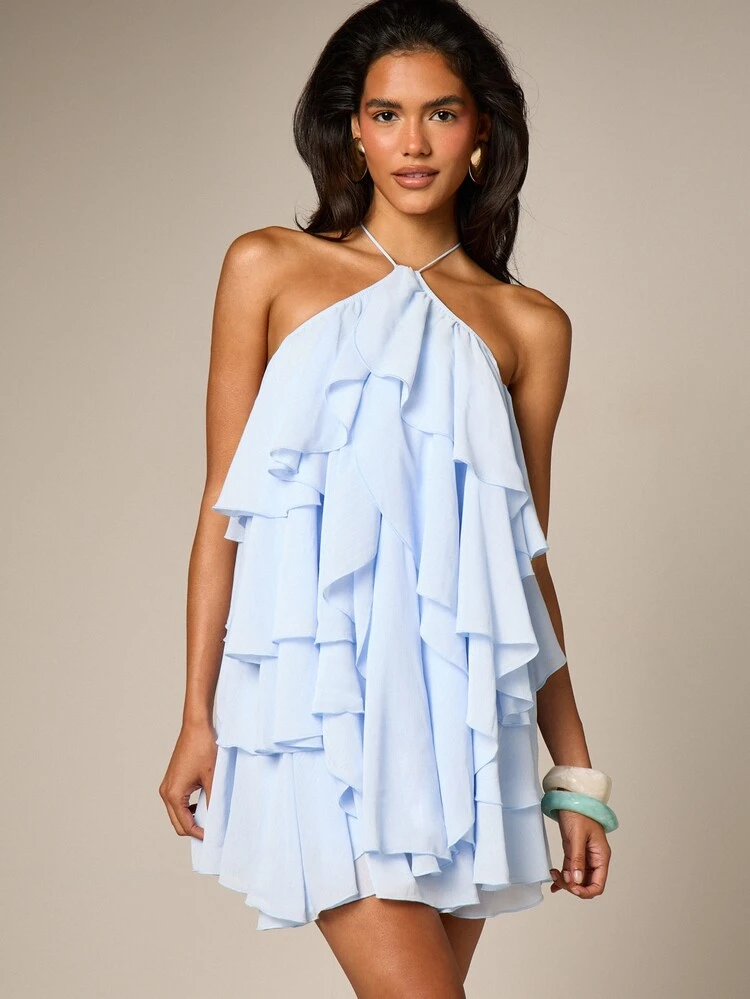 Halter Neck Mini Dress With Tiered Ruffles
