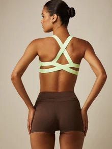 MISSGUIDED Áo ngực thể thao thiết kế dây chéo sau lưng, áo croptop cổ tròn, áo ngực vận động nhẹ nhàng cho yoga và pilates. - màu xanh lá - Xem 1