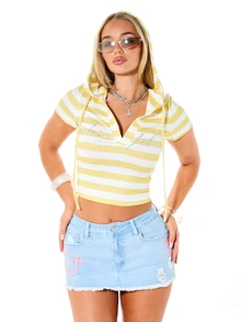 BABYPHAT Striped Hooded Crop Top With Short Sleeves Drawstring Hood V-Neck Rhinestone Script Jersey Knit Summer Top - Yellow - View 1