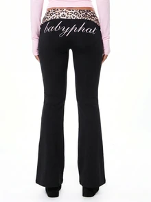 BABYPHAT Fold Over Waist Flare Leggings With Leopard Print Contrast Waistband And Script Logo Detail - Black - View 3
