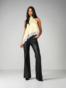 MISSGUIDED 緞面掛脖上衣 白色蕾絲飾邊不對稱下擺露背派對細肩帶背心 - 黃色 - 查看 4